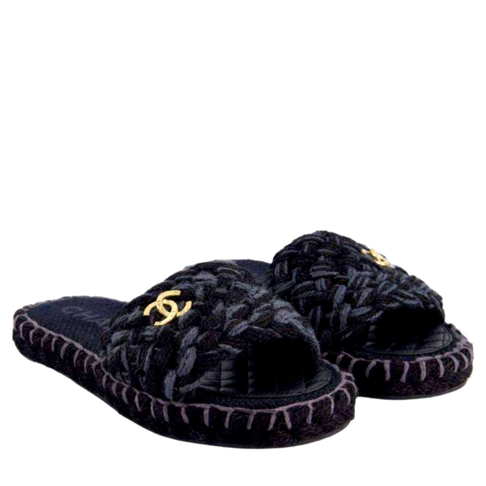 Chanel
Chanel Black & Grey Woven Sandals Champagne Gold CC Logo and Sole…